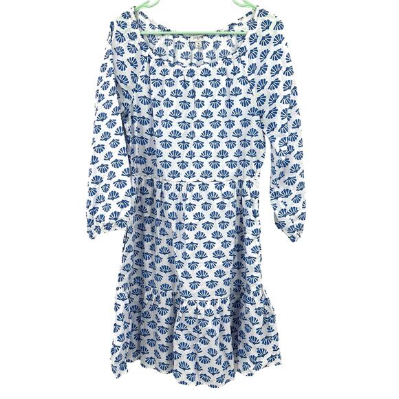 J Crew Size 8 Dress White Blue Scalloped‎ Peasant Cottagecore Long Sleeve Ruffle - Picture 1 of 5